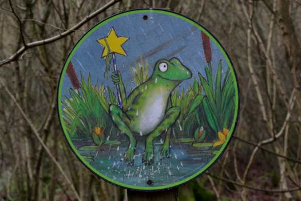 A round possibly hand painted sign depicting a happy frog somewhat bizarrely holding a magic wand.